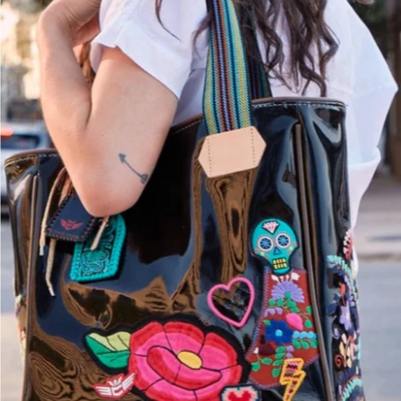 Consuela Handbags - Consuela Black Tote Bag with Colorful Appliqués and Striped Strap